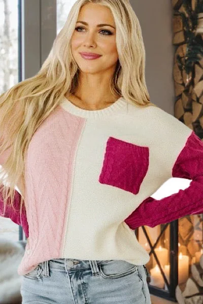 Cable Knit Color Block Sweater - Pink Sequined Glittery Shiny