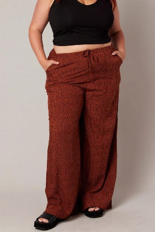 Brown Geo Wide Leg Pants High Rise Cozy Lounge Pants