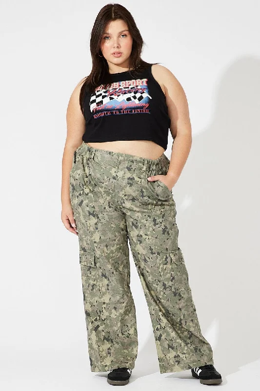 Green Print Cargo Pants Mid Rise Stylish Casual Pants