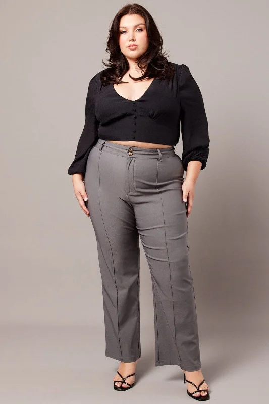 Grey Slim Leg Pants High Rise Casual Wide Pants