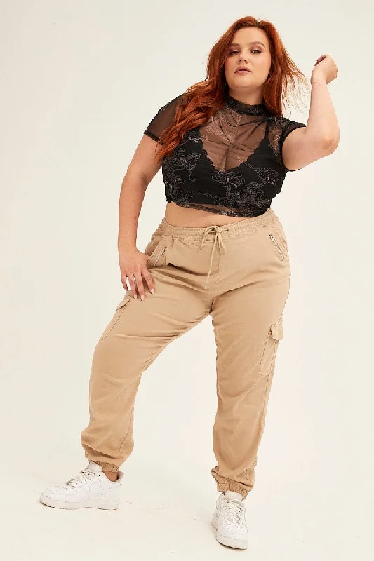 Beige Cargo Pants Mid Rise Out Pocket Casual Yoga Pants