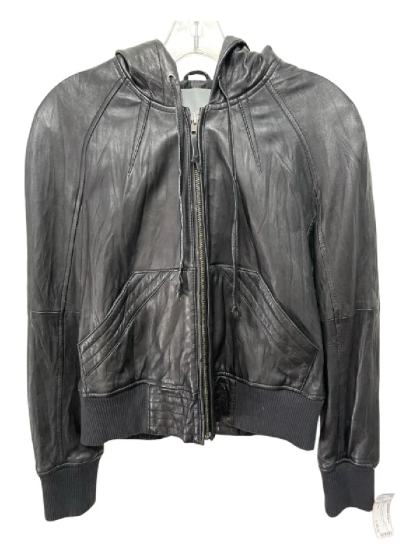 Mike & Chris Size M Black Leather Kangaroo Pocket Zip Hood Long Sleeve Jacket Nylon Fabric Polyester Fabric Spandex Fabric Mike & Chris Size M Black Leather Kangaroo Pocket Zip Hood Long Sleeve Jacket Nylon Fabric Polyester Fabric Spandex Fabric