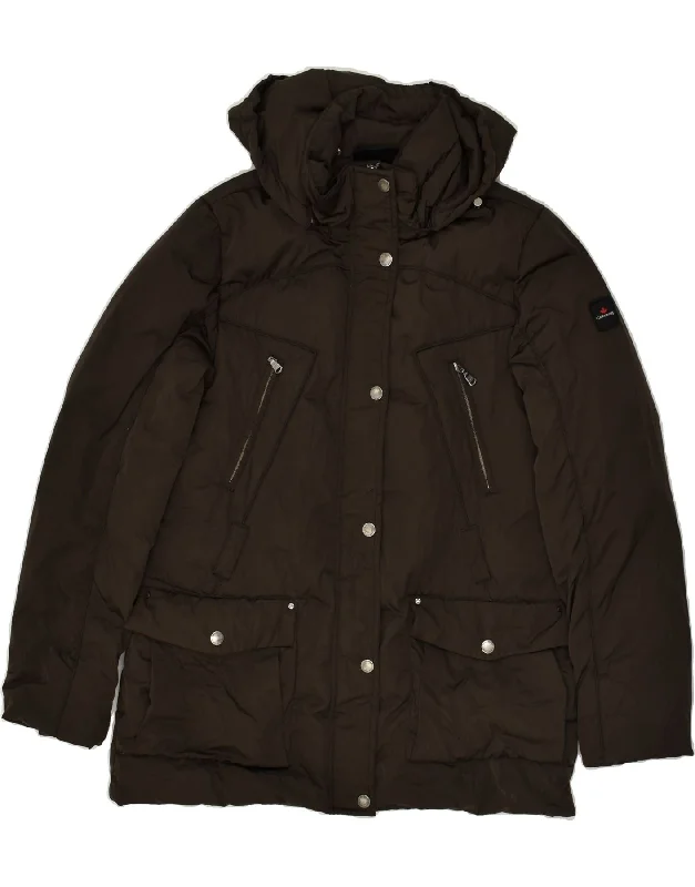 CANADIENS Womens Hooded Padded Jacket UK 14 Large Brown Polyester Cotton Fabric Linen Fabric Terry Fabric CANADIENS Womens Hooded Padded Jacket UK 14 Large Brown Polyester Cotton Fabric Linen Fabric Terry Fabric