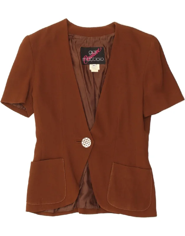 GAI MATTIOLO Womens Short Sleeve 1 Button Blazer Jacket IT 44 Medium Brown A-Line Jacket Boat Neck Shawl Collar GAI MATTIOLO Womens Short Sleeve 1 Button Blazer Jacket IT 44 Medium Brown A-Line Jacket Boat Neck Shawl Collar