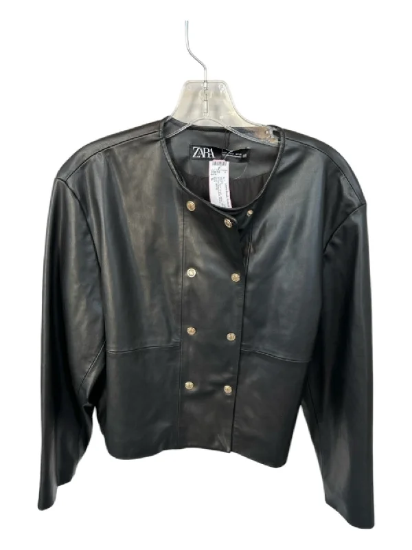 Zara Size S Black Vegan Leather Double Breast Snap buttons Jacket Fleece Jacket Down Jacket Parka Zara Size S Black Vegan Leather Double Breast Snap buttons Jacket Fleece Jacket Down Jacket Parka