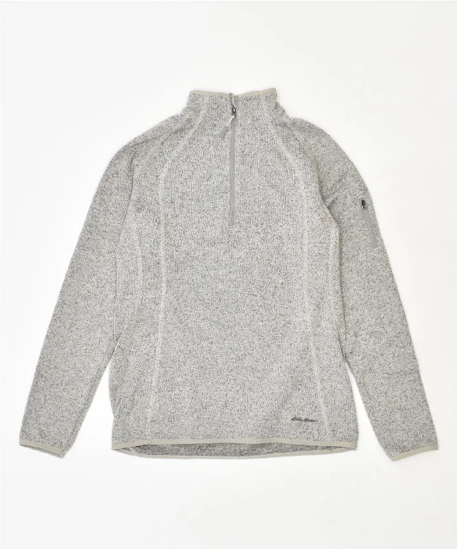 EDDIE BAUER Womens Zip Neck Jumper Sweater UK 14 Medium Grey Polyester Chenille Brocade Lace