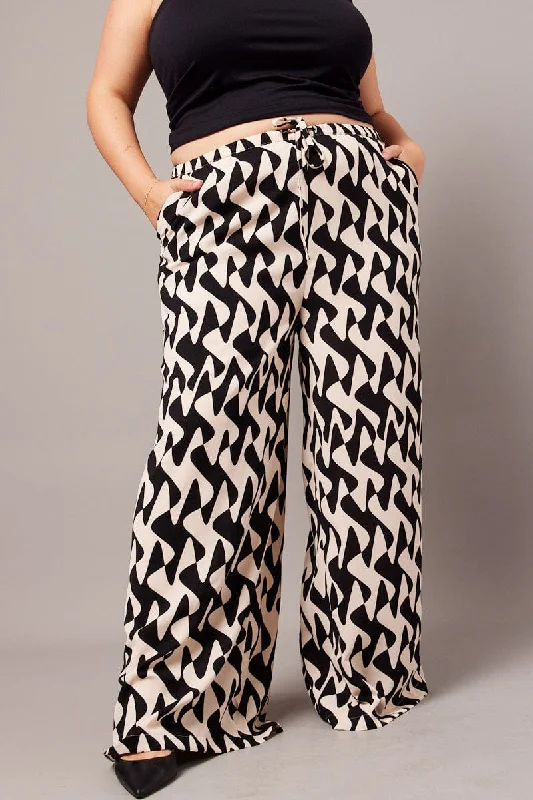Black Abstract Wide Leg Pants High Rise Relaxed High-Waist Trousers
