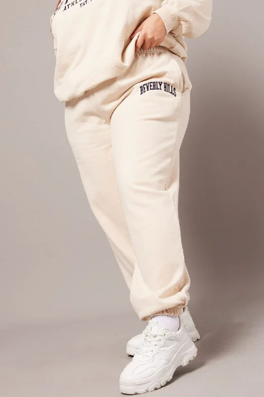 Beige Track Pants High Rise Relaxed Linen Pants