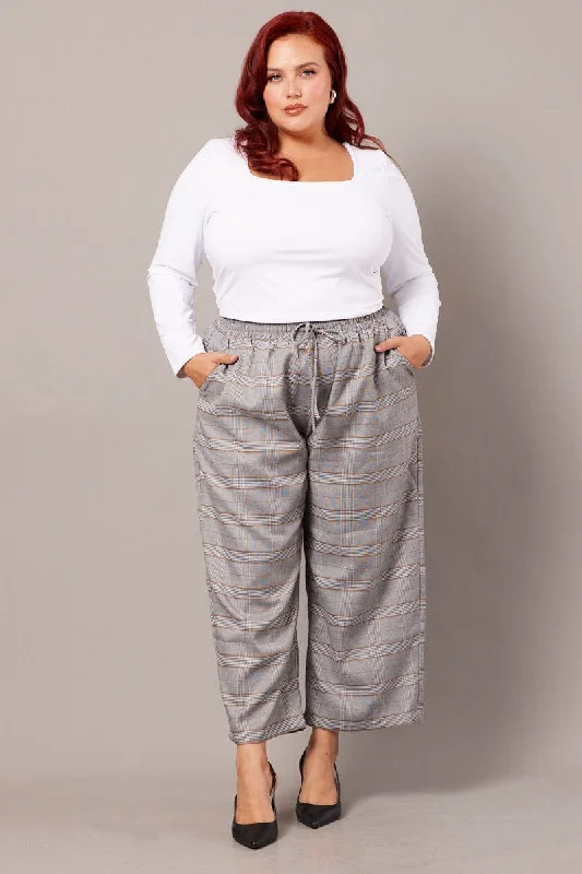 Grey Check Tapered Pants Elasticated Waist Cropped High-Waist Trousers