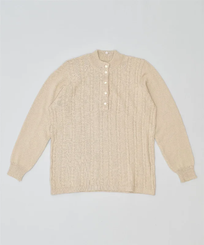 VINTAGE Womens Crew Neck Jumper Sweater UK 16 Large Beige Welt Pockets Slit Pockets Flap Pockets