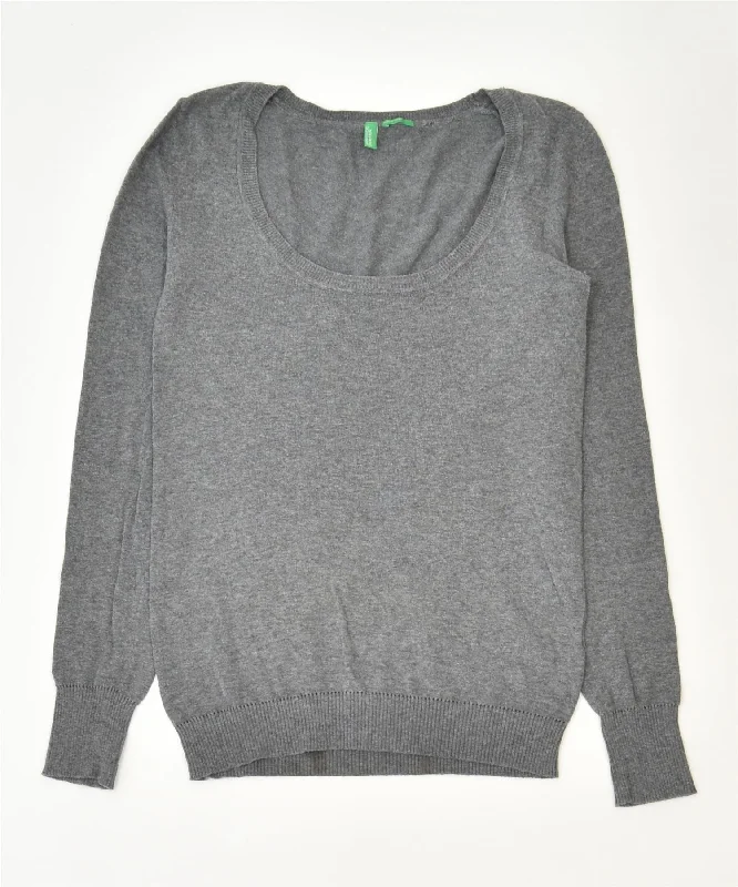 BENETTON Womens Boat Neck Jumper Sweater UK 6 XS Grey Cotton Classic Lace Blend Ribbed Blend Corduroy Blend