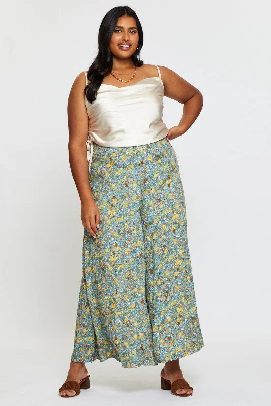 Floral Print Wide Leg Pants High Rise Trendy Wide-Leg Pants