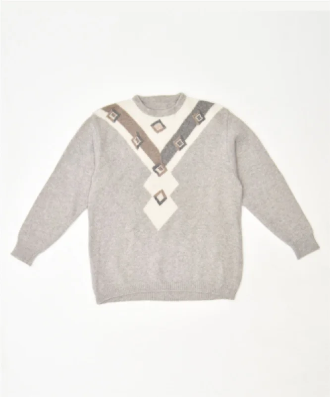VINTAGE Womens Crew Neck Jumper Sweater UK 16 Large Grey Geometric Nylon Fabric Polyester Fabric Spandex Fabric