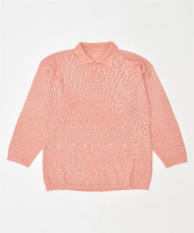 VINTAGE Womens Polo Neck Jumper Sweater UK 14 Medium Pink Cotton Spandex Rayon Corduroy