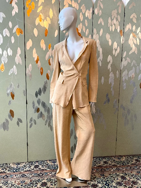 Vintage 1990s Giorgio Armani Tan Linen-Silk Pant Set, Large Sleek Black Pants