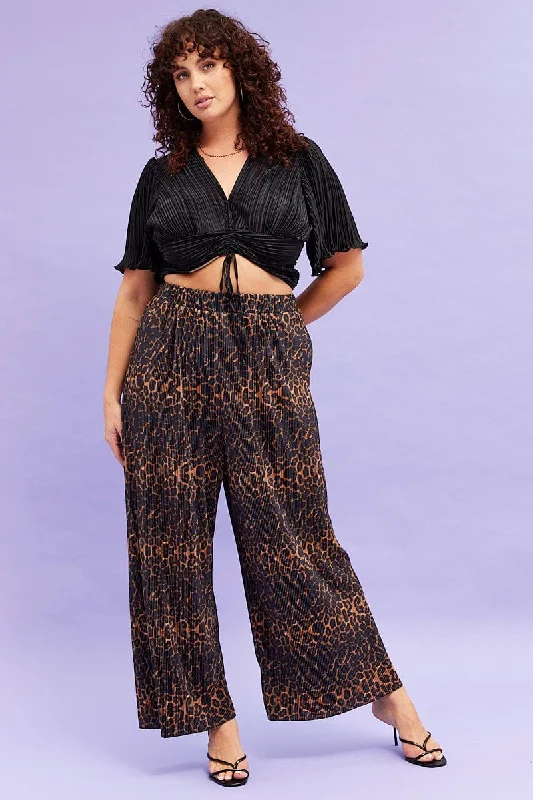 Brown Animal Print Plisse Pants Wide Leg Stylish Casual Pants