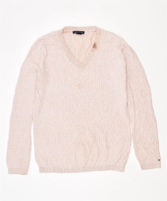 TOMMY HILFIGER Womens V-Neck Jumper Sweater UK 10 Small Pink Cotton Plaid Sweater Polka Dot Checkered
