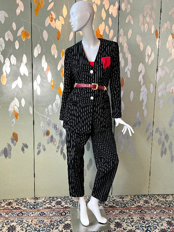 Vintage 1990s Louis Féraud Black Pinstripe Wool Pant Suit, Large Soft Stretch Trousers