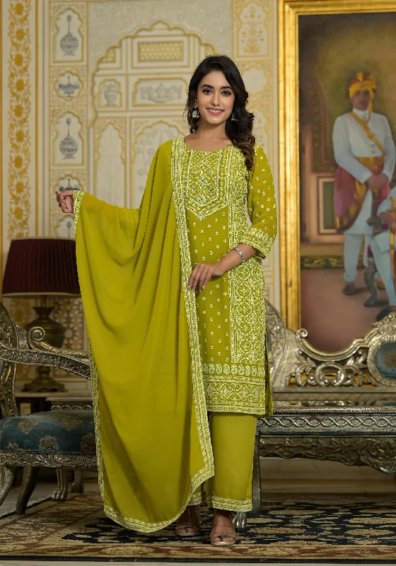 Green Thread Embroidered Georgette Kurta Pant And Dupatta Set With Mirror Work & Sequins Casual Lounge Pants Green Thread Embroidered Georgette Kurta Pant And Dupatta Set With Mirror Work & Sequins Casual Lounge Pants