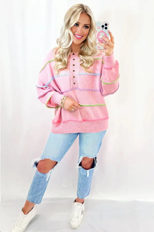 Striped Henley Sweater - Pink Stretchy Elastic Breathable