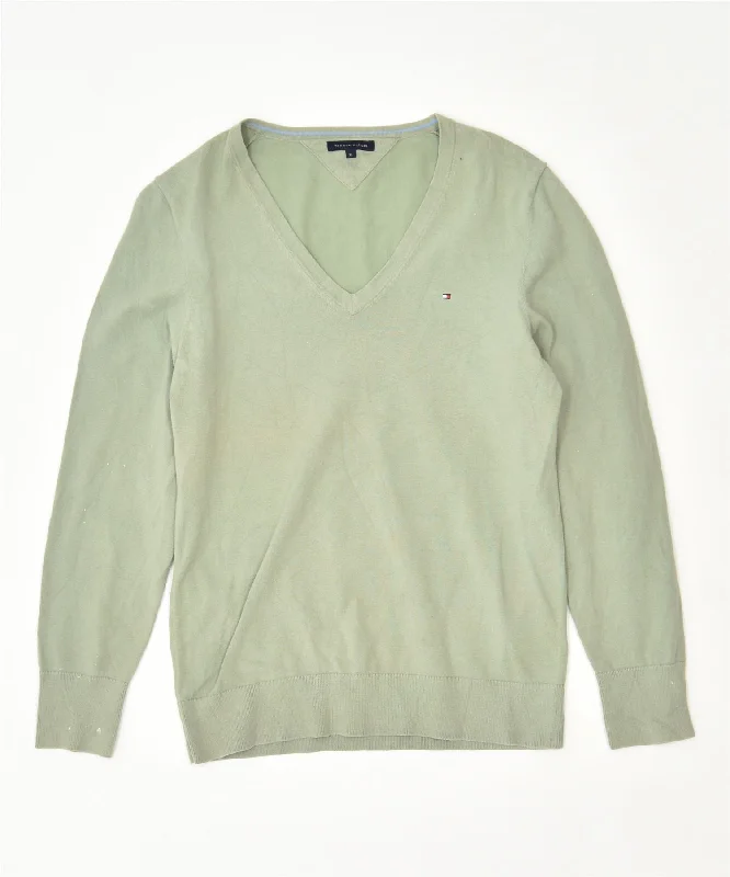 TOMMY HILFIGER Womens Slim Fit V-Neck Jumper Sweater UK 18 XL Green Cotton Beaded Sweater Sequined Faux Fur