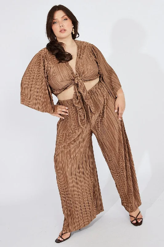 Brown Plisse Pants Wide Leg High Rise Chic Wool Trousers