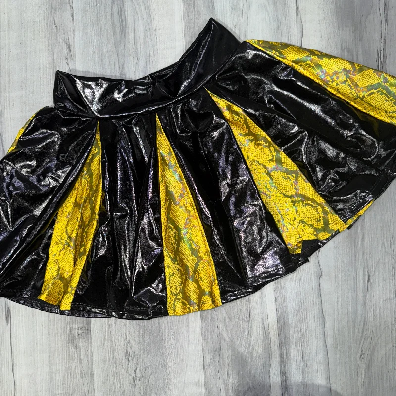 SALE - MEDIUM Pleated Skater Skirt in Black Metallic and Yellow Snakeskin velvet skirt glossy SALE - MEDIUM Pleated Skater Skirt in Black Metallic and Yellow Snakeskin velvet skirt glossy