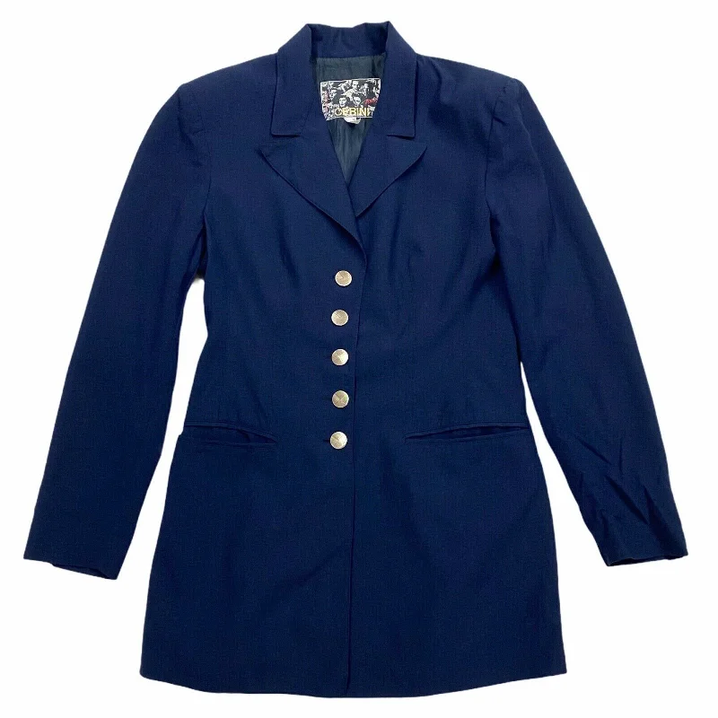 Cerini Women's Mid Length Blazer Style Lapel Jacket | Vintage Designer Navy Blue Welt Pockets Slit Pockets Flap Pockets Cerini Women's Mid Length Blazer Style Lapel Jacket | Vintage Designer Navy Blue Welt Pockets Slit Pockets Flap Pockets