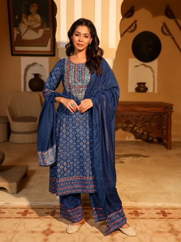 Blue Ethnic Motif Printed Polycotton Kurta Pant And Dupatta Set With Thread Zari Work & Sequins Classic Flared Pants Blue Ethnic Motif Printed Polycotton Kurta Pant And Dupatta Set With Thread Zari Work & Sequins Classic Flared Pants