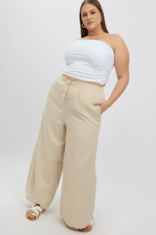 Beige Elastic Waist Wide Leg Linen Viscose Pants Elegant Wool Trousers