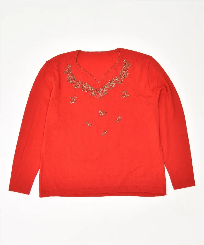 VINTAGE Womens Crew Neck Jumper Sweater UK 18 XL Red Virgin Wool Graphic Sweater Embroidered Appliqued