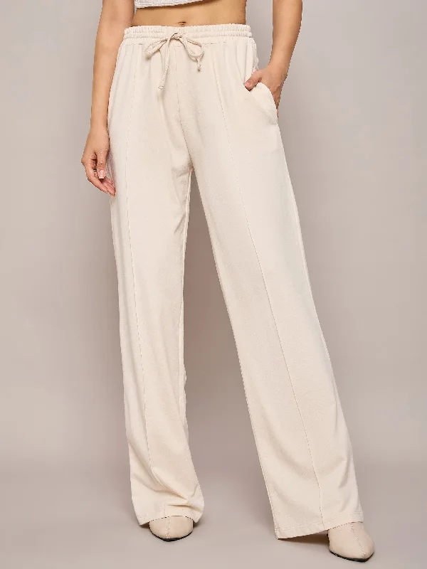 Women Off White Terry Side Pockets Track Pants Elegant High-Waist Pants