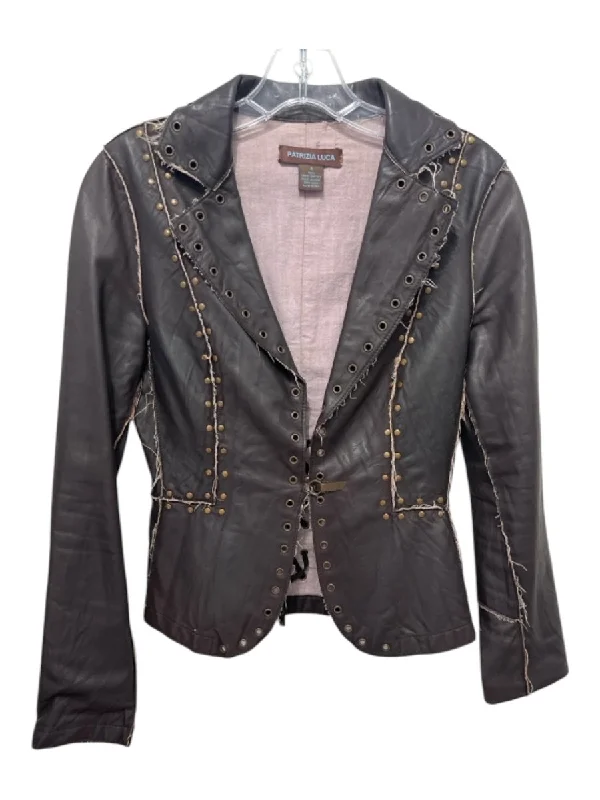 Patrizia Luca Size 4 Dark Brown Lamb leather Rivets Distressed Hook clasp Jacket Boat Neck Shawl Collar Notched Collar Patrizia Luca Size 4 Dark Brown Lamb leather Rivets Distressed Hook clasp Jacket Boat Neck Shawl Collar Notched Collar