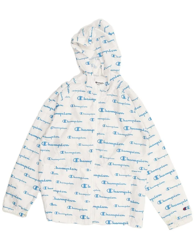 CHAMPION Womens Graphic Hooded Rain Jacket UK 14 Large White Polyester Lace Jacket Ribbed Jacket Sequined Jacket CHAMPION Womens Graphic Hooded Rain Jacket UK 14 Large White Polyester Lace Jacket Ribbed Jacket Sequined Jacket