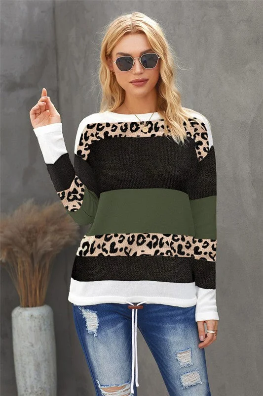 Color Block Leopard Sweater - Green Jersey Fabric Tulle Fabric Batik Fabric