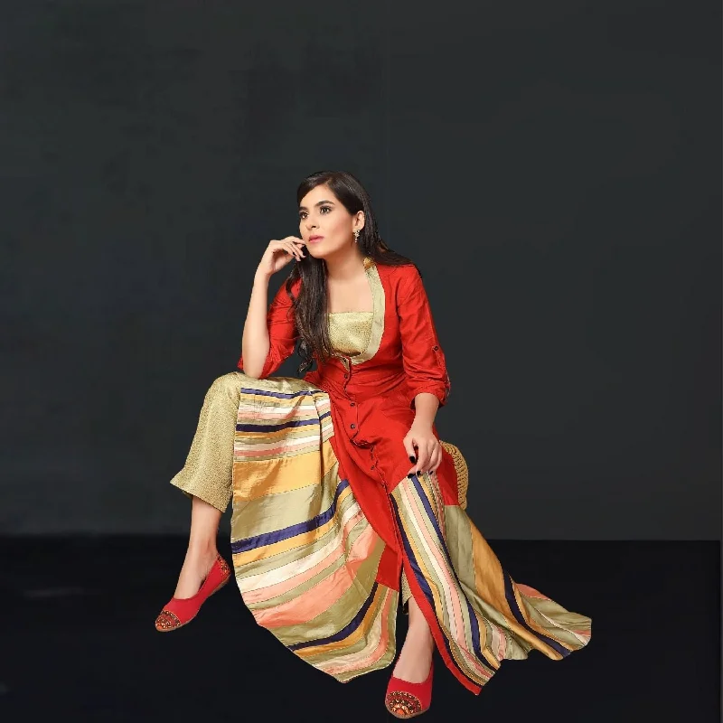 Narcissus Red Tussar Anarkali With Banarsi Pant | Festive Wear | Vibrant Red Elegant Trouser Pants Narcissus Red Tussar Anarkali With Banarsi Pant | Festive Wear | Vibrant Red Elegant Trouser Pants