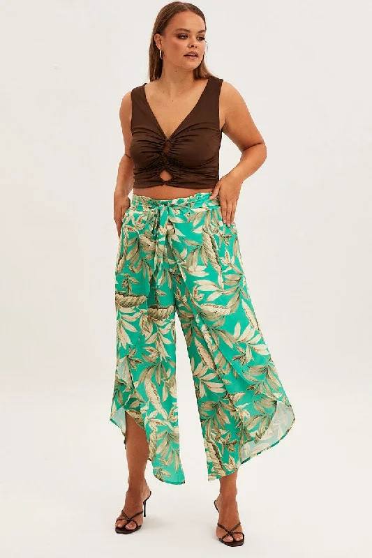 Green Floral Wide Pant Elastic Waist Split Leg Chic Faux Leather Pants