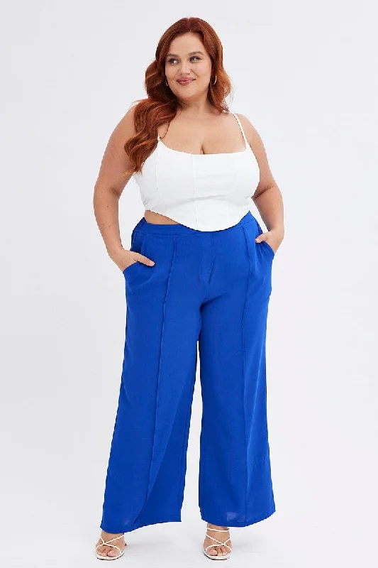 Blue Wideleg Pants Seam Front Elastic Waist Crepe Fashionable Tapered Leg Pants