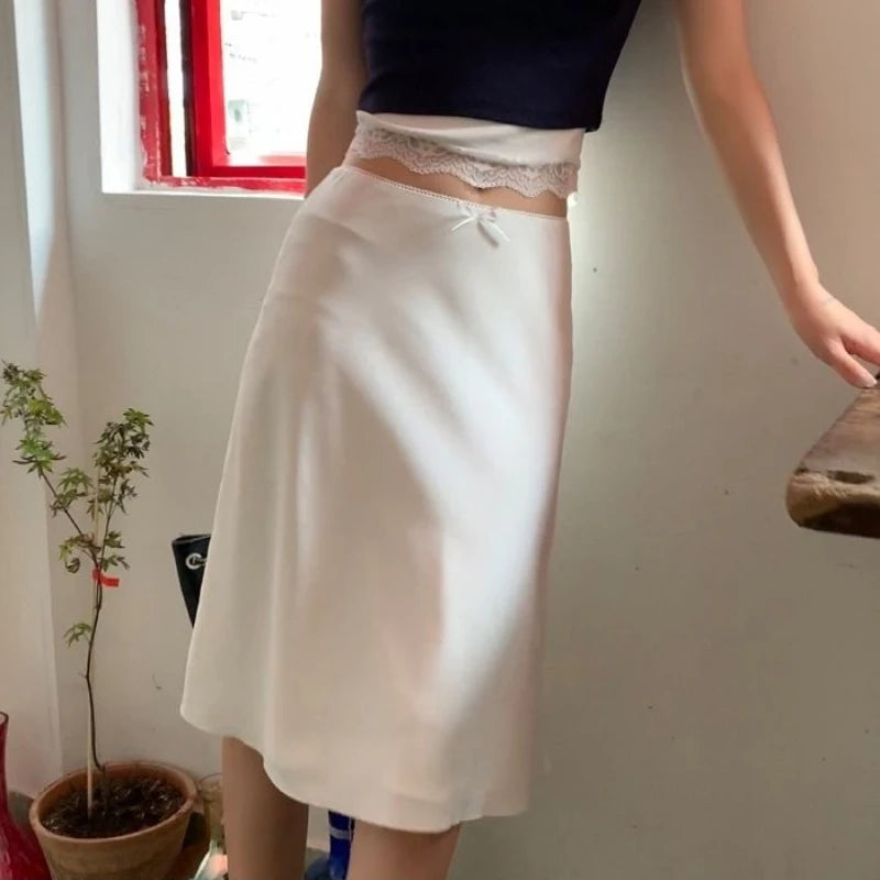 Advbridge Elegant White Women Skirt Fairycore Ruffle Mid Skirts Coquette Summer Sexy A-line Basic Casual Korean Style Silk Skirt lace skirt romantic Advbridge Elegant White Women Skirt Fairycore Ruffle Mid Skirts Coquette Summer Sexy A-line Basic Casual Korean Style Silk Skirt lace skirt romantic