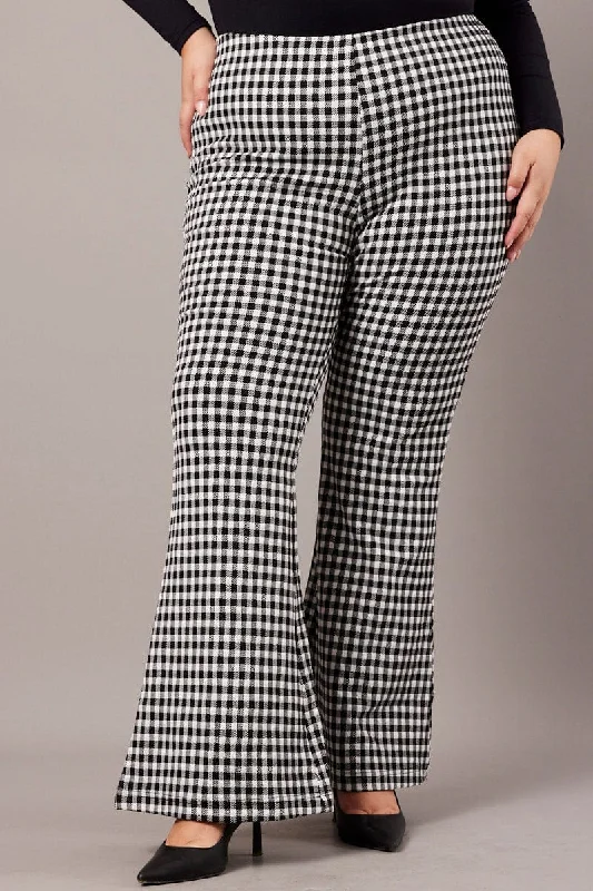 Black Check Flare Leg Pants High Rise Casual Lounge Pants