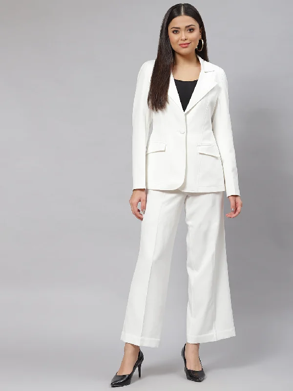Stretch Pant Suit - White Casual Wide Pants