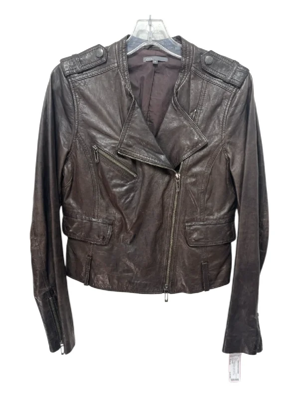 Vince Size Medium Dark Brown Leather Long Sleeve Zip Front Flap Pockets Jacket Notch Collar Peter Pan Collar Cowl Neck Vince Size Medium Dark Brown Leather Long Sleeve Zip Front Flap Pockets Jacket Notch Collar Peter Pan Collar Cowl Neck