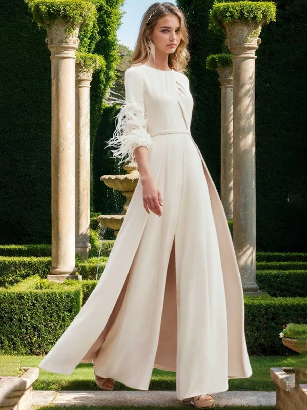 Chiffon Jewel Neck Half Sleeves Ankle-Length Mother Of The Bride Pantsuits With Feathers Cozy Fitted Pants