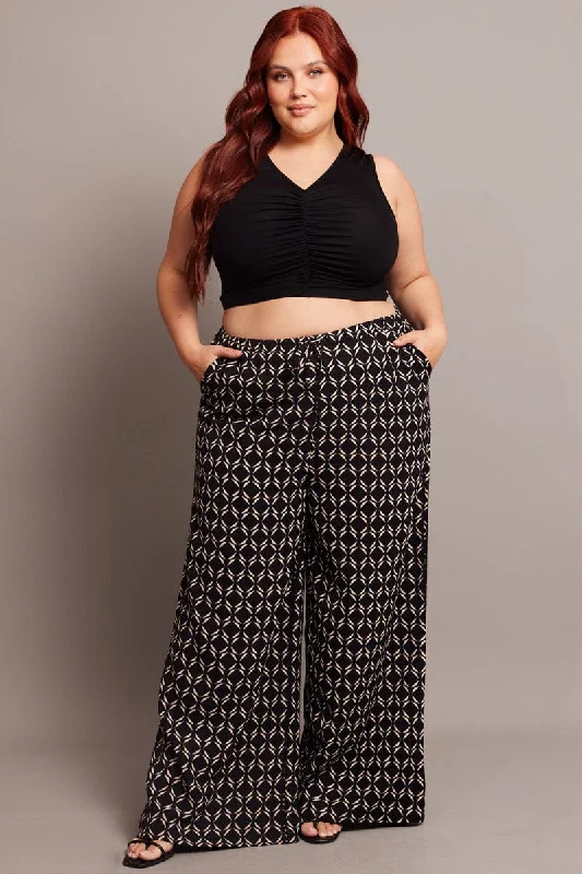 Black Geo Wide Leg Pants High Rise Classic Pleated Pants