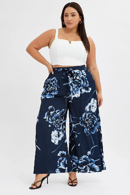 Blue Abstract Wideleg Pants Tie Waist Crepe High-Waist Yoga Pants