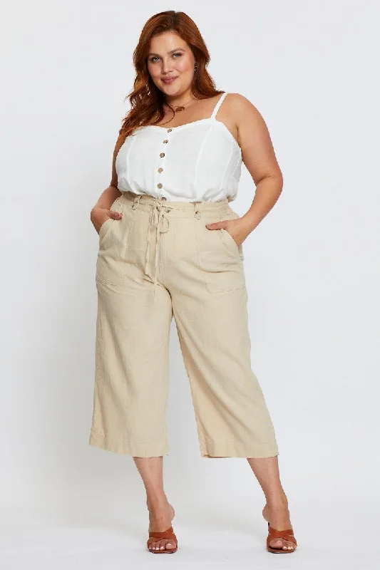 Beige Wide Leg Pants High Rise Linen Blend Crop Classic Chino Pants