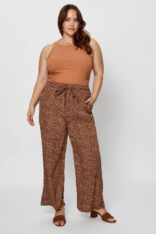 Brown Wide Leg Pants High Rise Waist Tie Elegant Wool Trousers