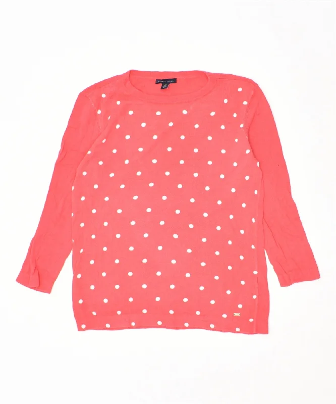 TOMMY HILFIGER Womens Crew Neck Jumper Sweater UK 10 Small Pink Cotton Zippered Buttoned Snapped