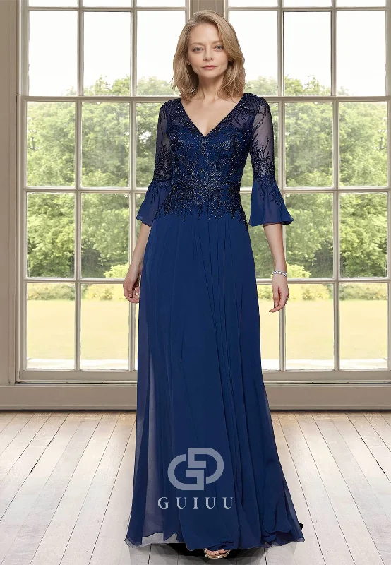 A-Line 3/4 Sleeves V-Neck Empire-Waist Corset Appliques Satin Mother of the Bride Dress Tunic Top Casual A-Line 3/4 Sleeves V-Neck Empire-Waist Corset Appliques Satin Mother of the Bride Dress Tunic Top Casual