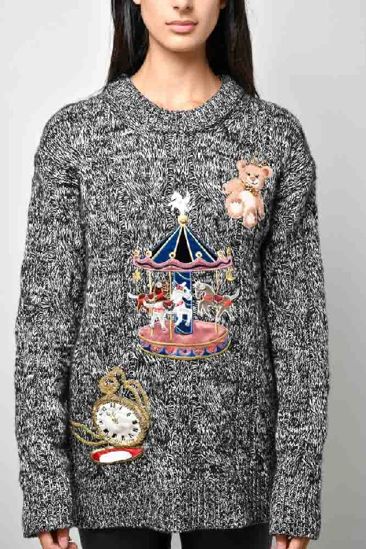 Dolce & Gabbana Black/White Cashmere Carousel Applique Sweater Size 42 Iron Safe Non-Iron Wrinkle Free Dolce & Gabbana Black/White Cashmere Carousel Applique Sweater Size 42 Iron Safe Non-Iron Wrinkle Free